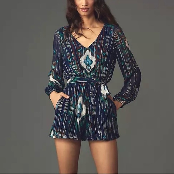 Anthropologie Pants - ANTHROPOLOGIE Celina Moon Embellished Blue Romper NWT Size X-Small